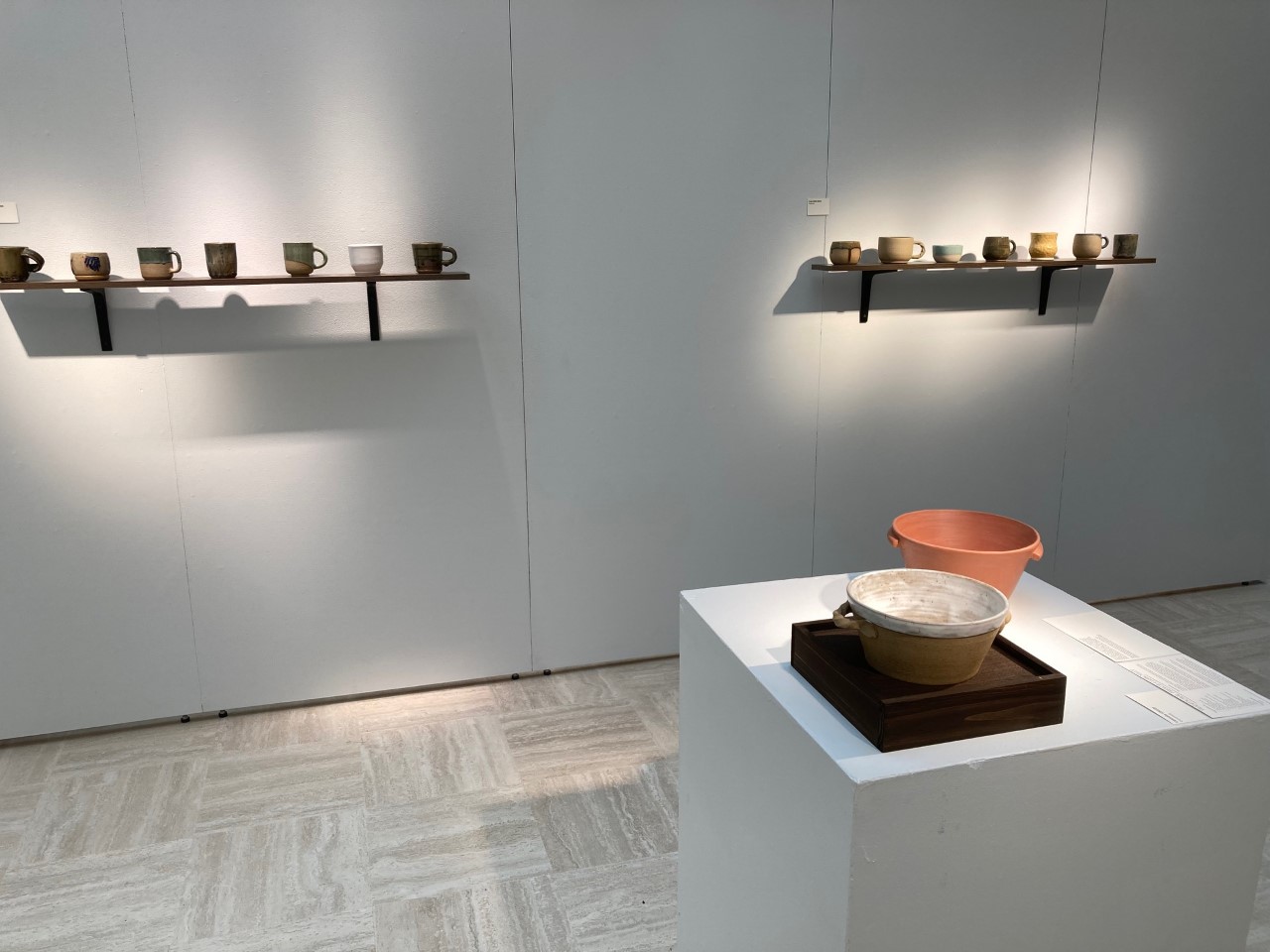 back of front wall cooking vessels and cups on shelves